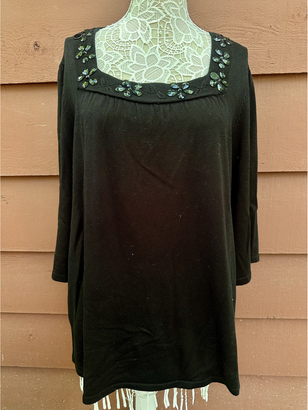 Maggie Barnes Black Floral Beaded Square Neck Tunic Top Y2K Fairycore Boho Style